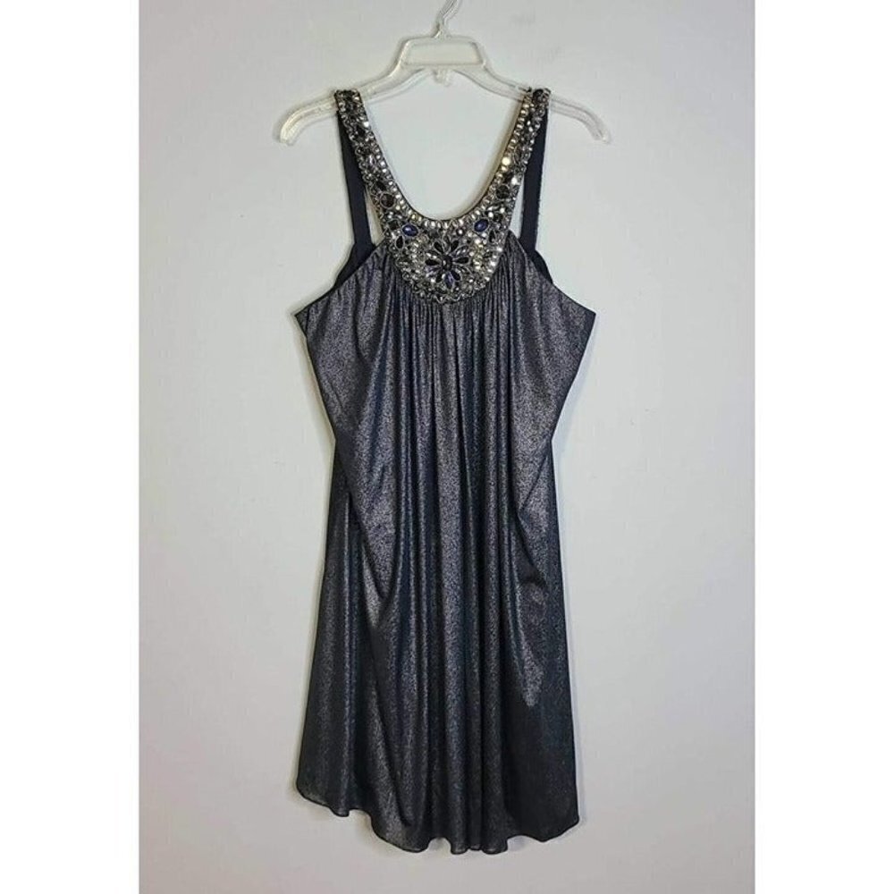 JS Boutique Metallic Silver Beaded & Jeweled Sleeveless Lined Zip Back Dress 16